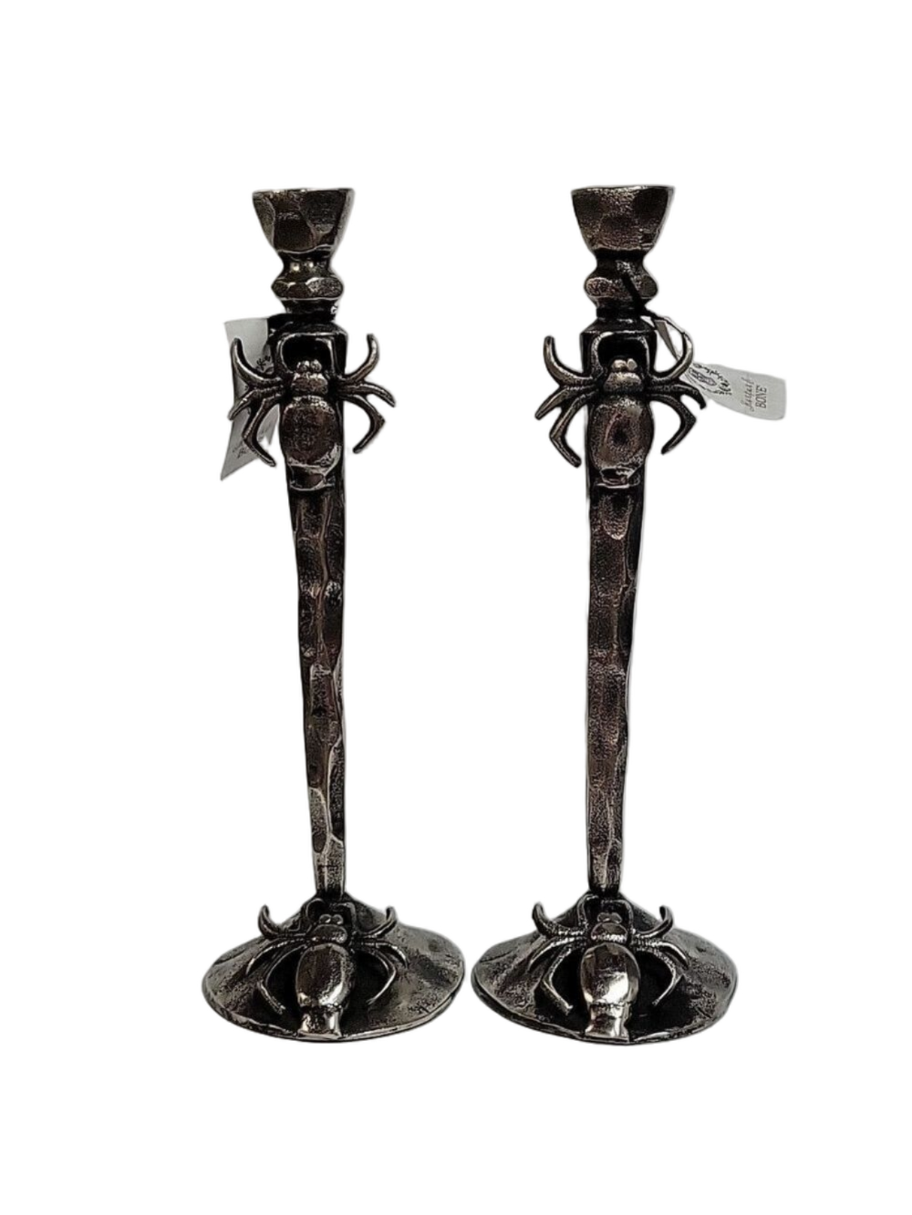 Set of (2) Mortar & Bone Antiquated Silver Spider Gothic Candle Stems w/Candles